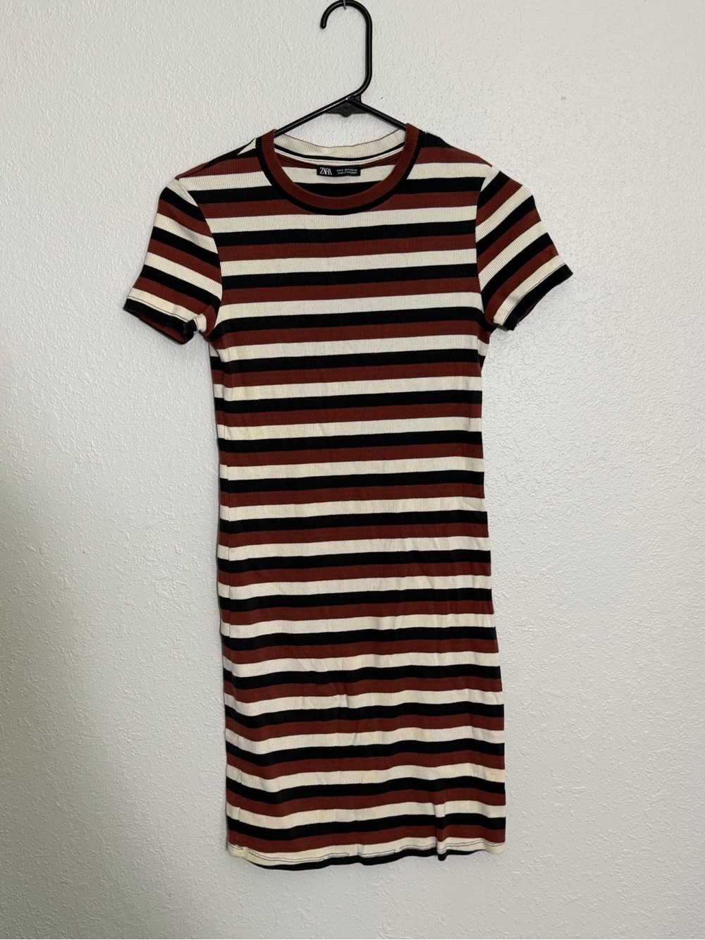 Zara Rust, Black & Cream Striped Midi Tee Dress